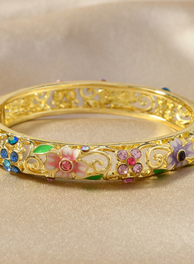 新款民族风景泰蓝珐琅滴油幸运四叶草单层手镯时尚气质高级感首饰