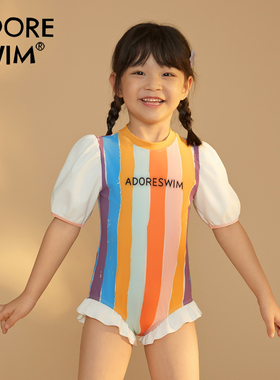 爱多尔公主风儿童泳衣蓬蓬袖防晒游泳衣连体小女孩泳裤2024新款女