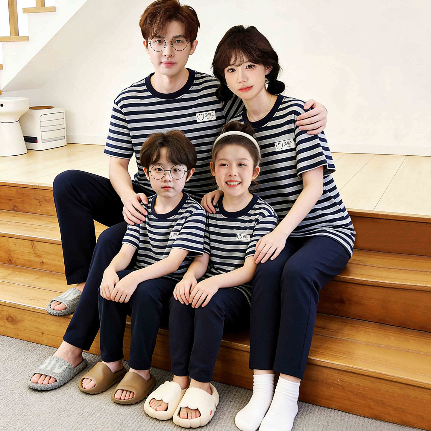 亲子装一家三口春夏季纯棉条纹家居服套装男女童母女加大码全棉