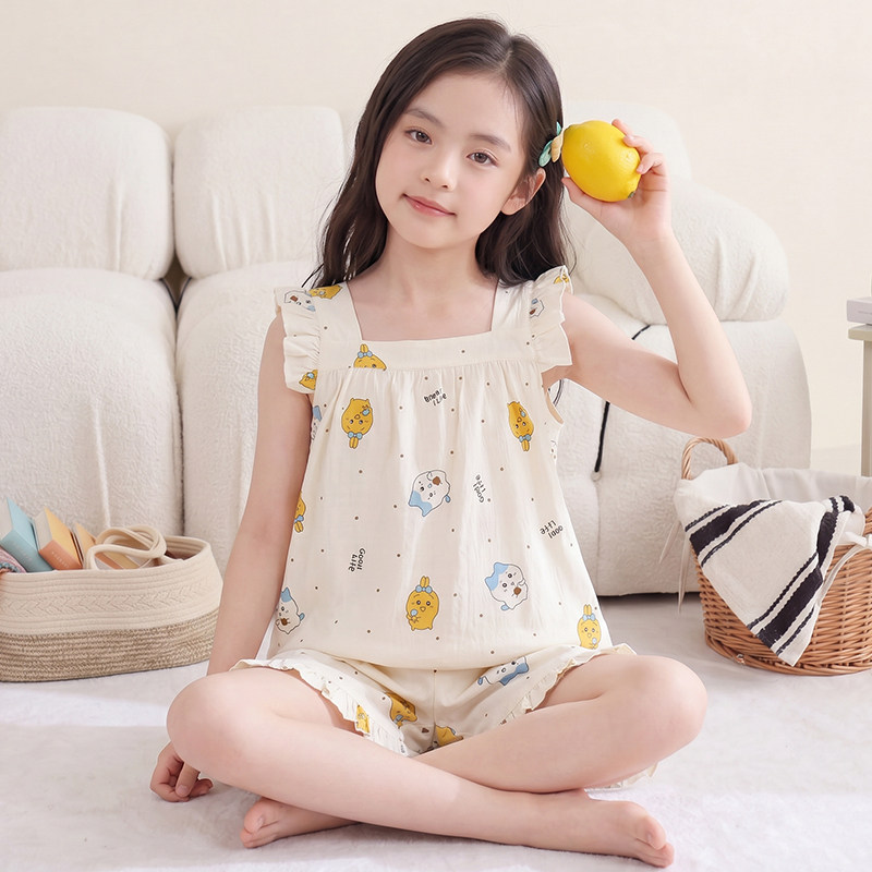 女童夏季云朵棉背心睡衣薄款套装图片