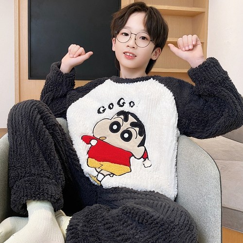 冬季法兰绒男童睡衣圆领长毛绒