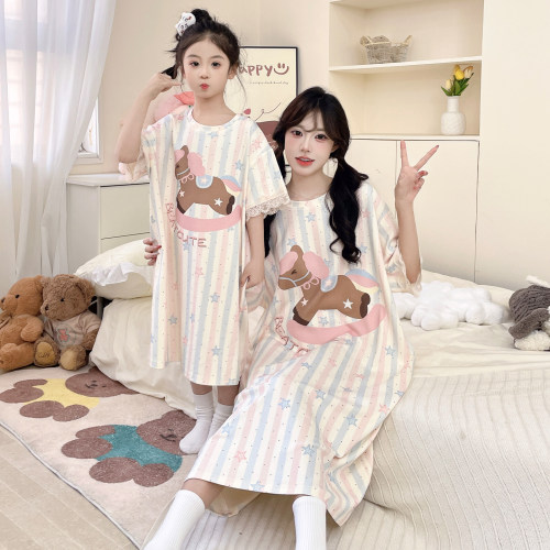 圆领睡裙母女超可爱短袖纯棉长款