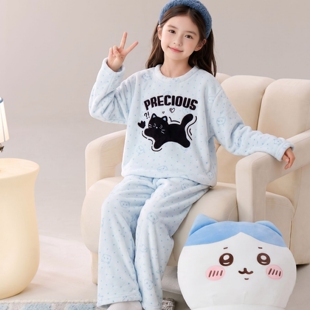 女童秋冬季法兰绒圆领睡衣儿童中大童学生薄绒可爱猫咪家居服套装