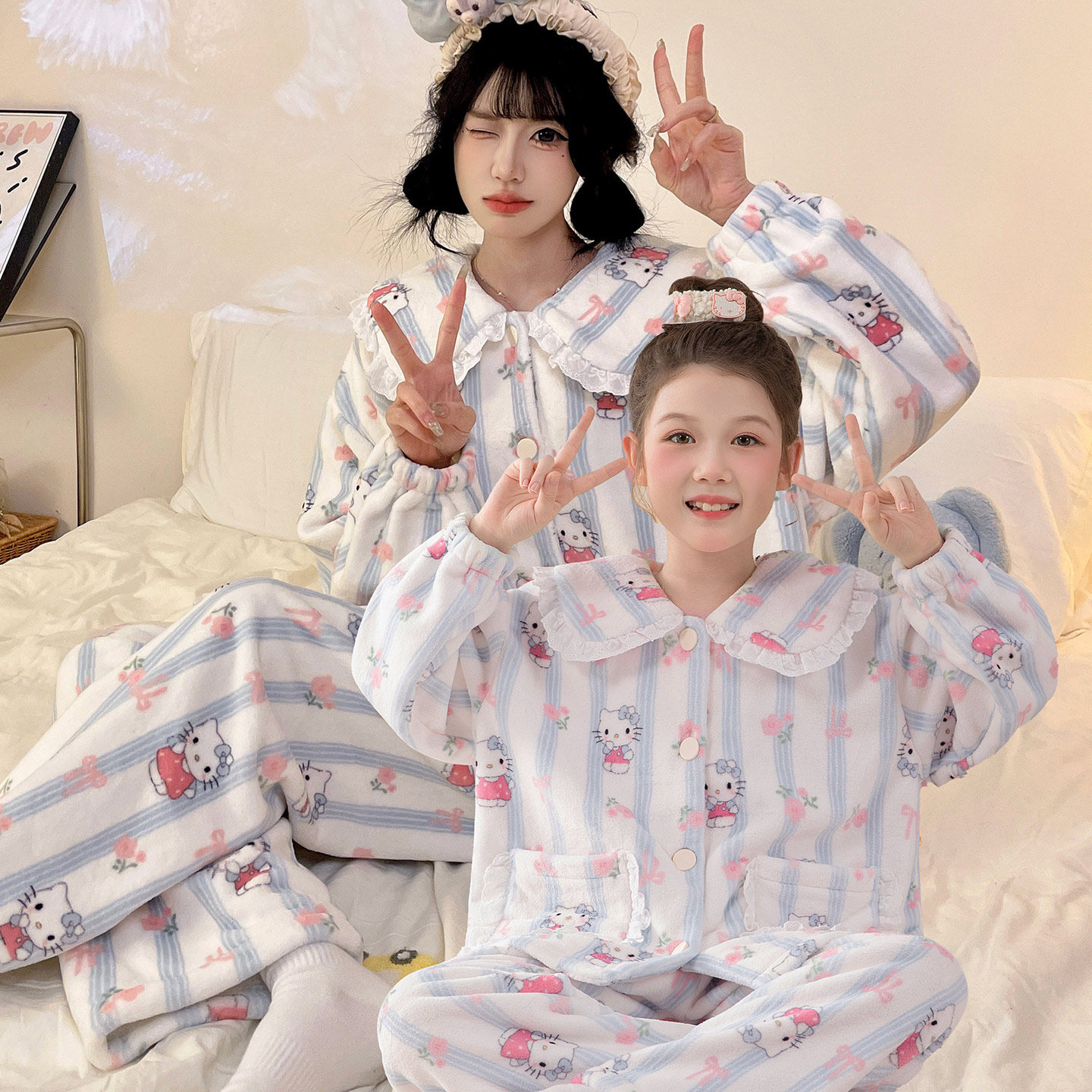 亲子装母女睡衣娃娃领法兰绒冬季加厚超可爱保暖家居服珊瑚绒套装