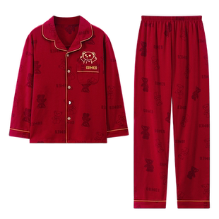 亲子睡衣一家三口春秋季纯棉长袖开衫儿童大红色家居服套装2025
