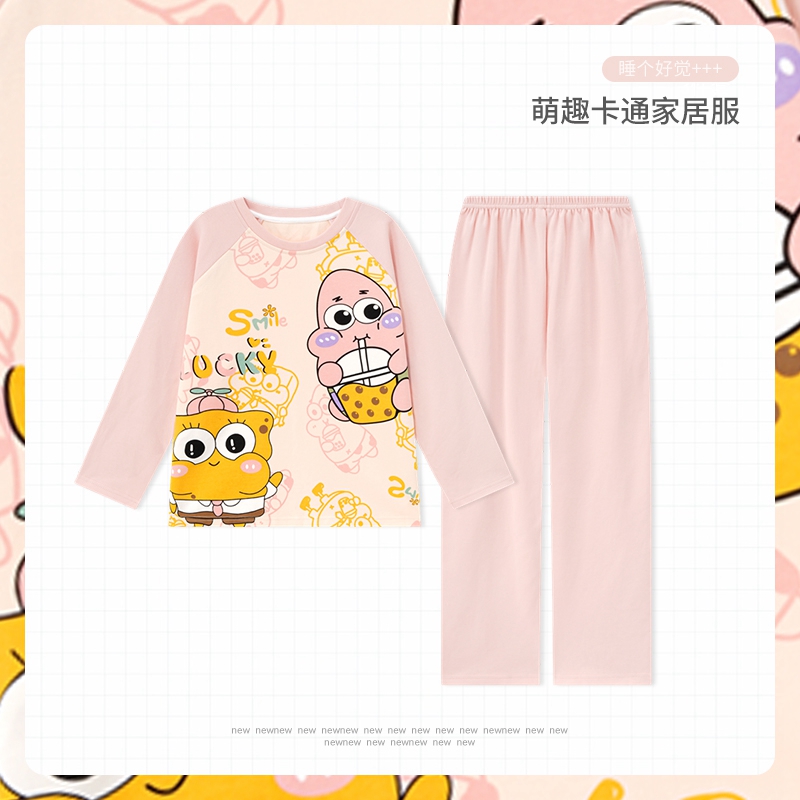 女童春秋季睡衣纯棉儿童海绵宝宝