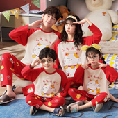 一家三口新年红色母女儿童套装 睡衣纯棉长袖 家居服 亲子装 春秋季