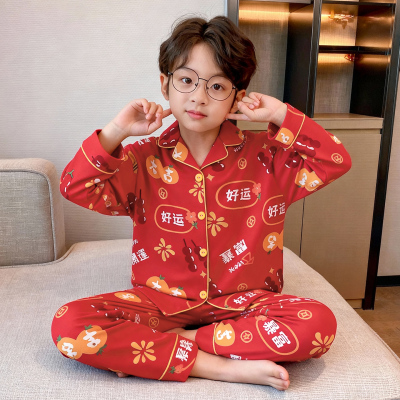 马年男童纯棉大红长袖睡衣套装