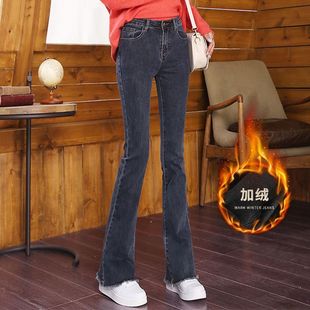 蓝灰色高腰微喇九分牛仔裤女2025秋冬季加绒修身显瘦百搭小喇叭裤
