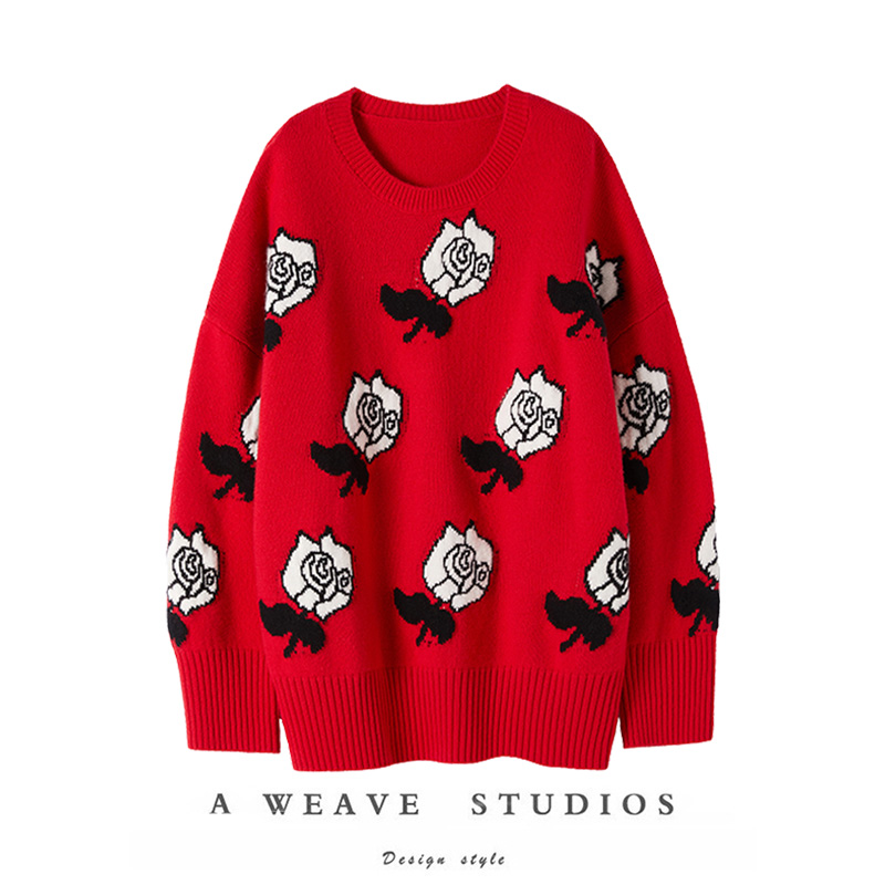 美到发光~重磅玫瑰花提花中长款羊绒衫女圆领纯羊绒毛衣宽松加厚