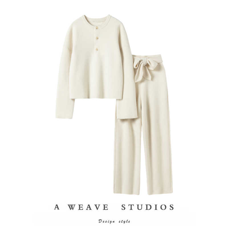 简约又减龄~100%纯山羊绒衫女加厚秋冬针织阔腿裤女外穿保暖套装