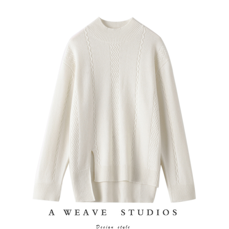 绞花半高领100%纯羊绒衫