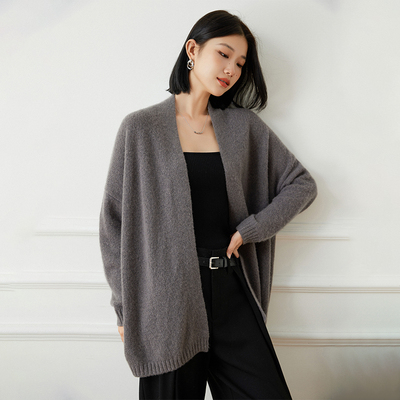 康宝莱5.8支系列意大利工艺100纯山羊绒中长款无扣针织开衫女外套