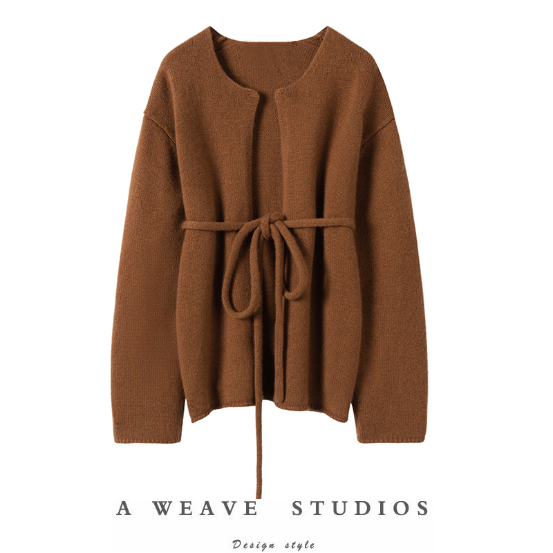 100%羊绒极简腰带针织开衫外套