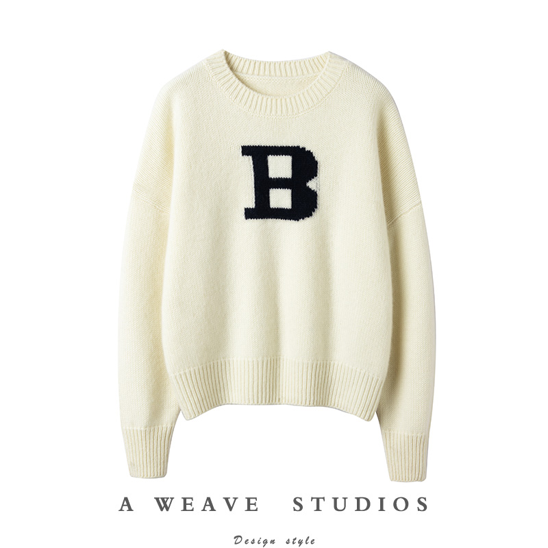 字母提花羊绒衫女圆领纯羊绒毛衣