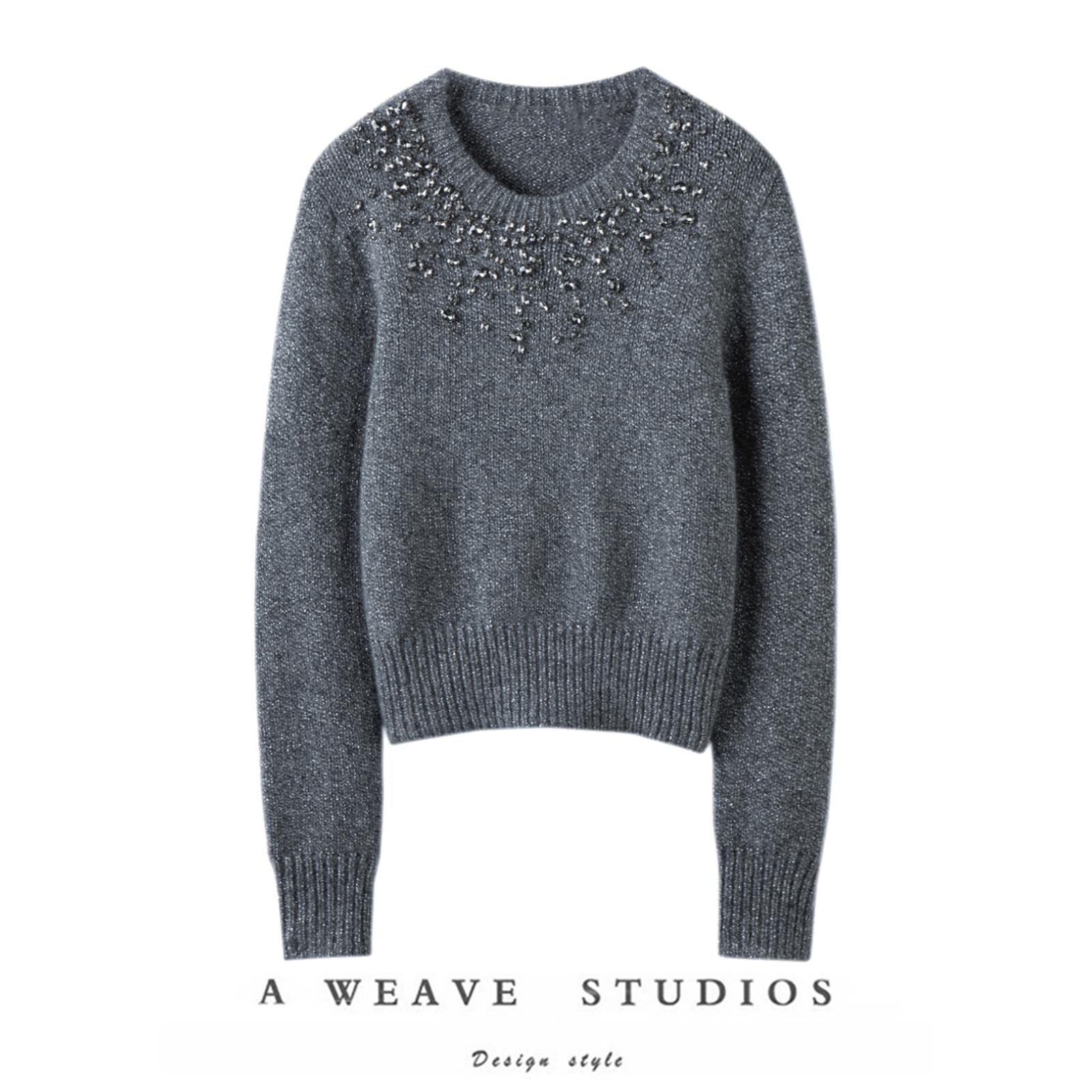 水钻钉珠套头衫女100%纯山羊绒