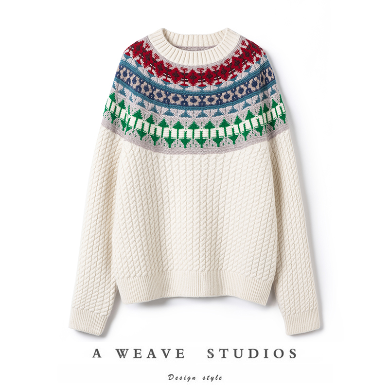 漫不经心的美~节日费尔岛提花圆领针织羊绒秋冬套衫上衣女