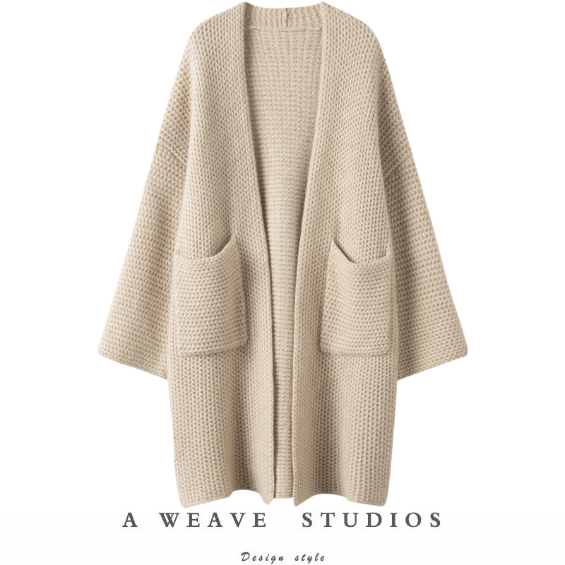 重磅推荐~重工立体编制纯色山羊绒针织开衫女长款宽松毛衣外套