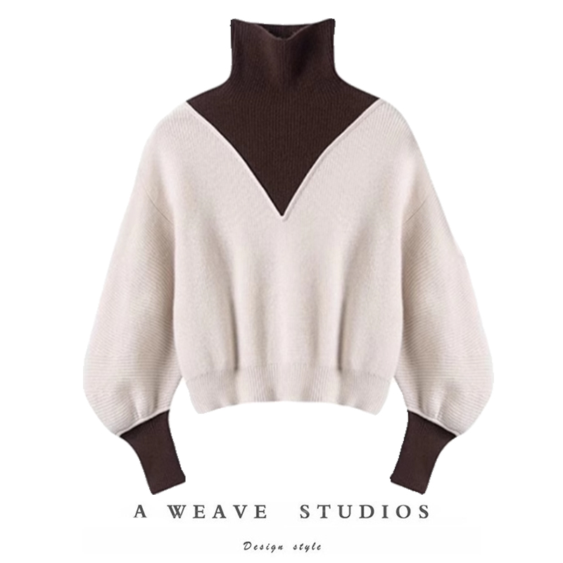 巴黎时尚秀场~100%纯山羊绒衫女外穿高领宽松拼色上衣外穿女