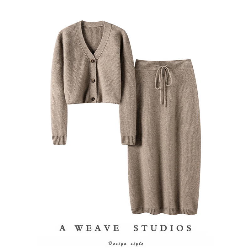 开阔眼界~心动气质！重工针法加厚羊绒开衫女纯羊绒半身包臀裙子