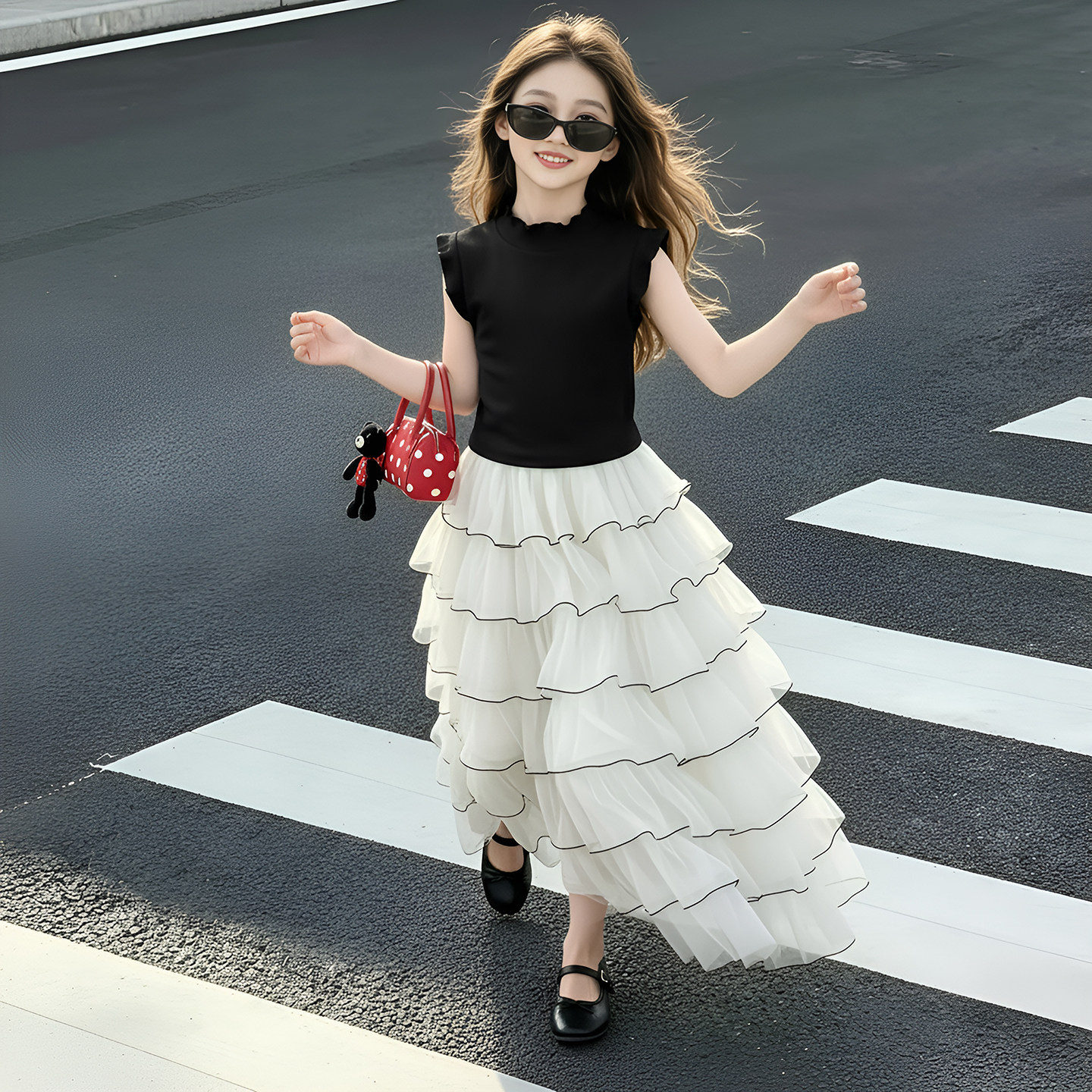 女童套装2026新款夏季中大儿童时尚密边蛋糕裙无袖打底半身裙爆款