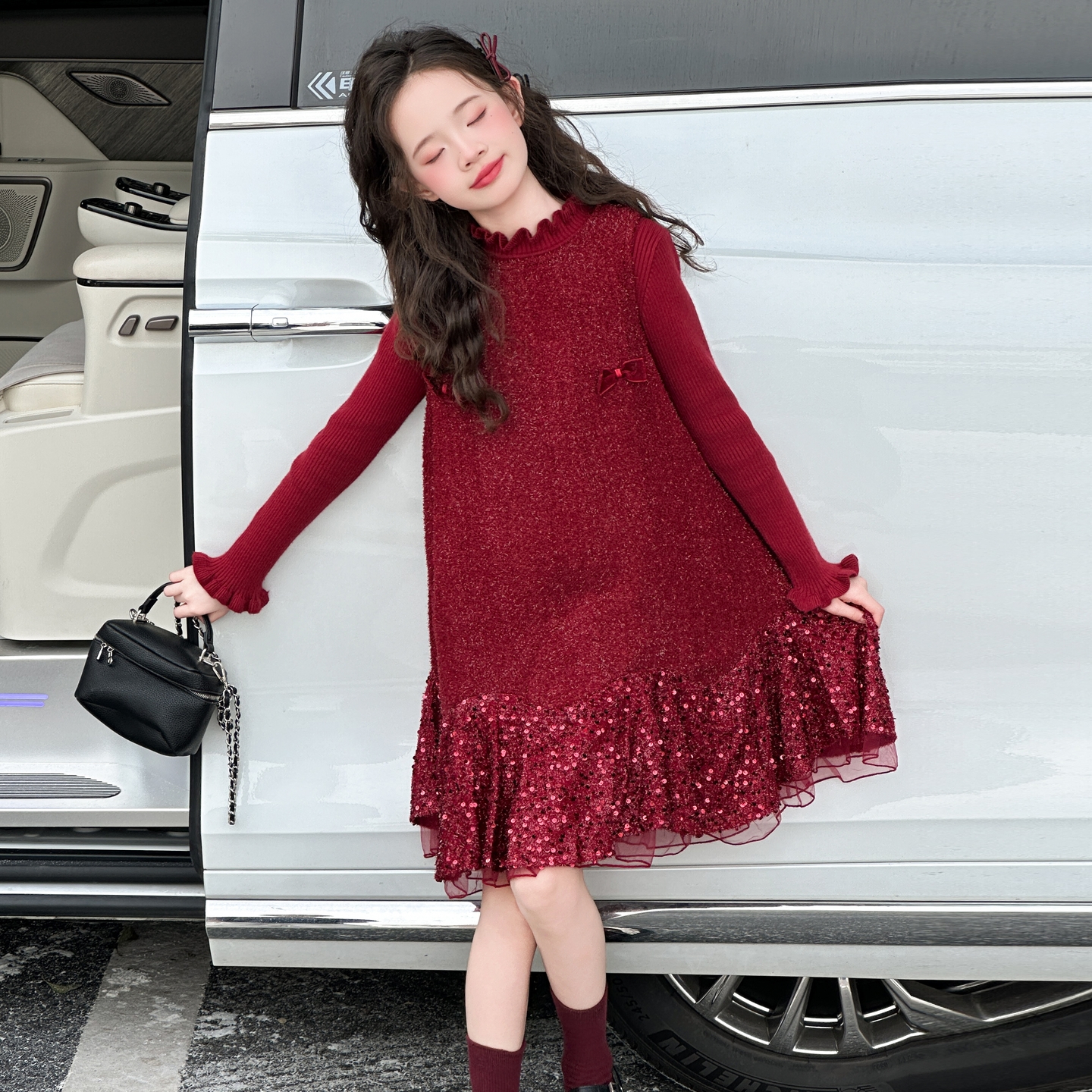 女童新年款连衣裙2025冬装中大童喜庆拜年服毛衣女学生时尚马甲裙