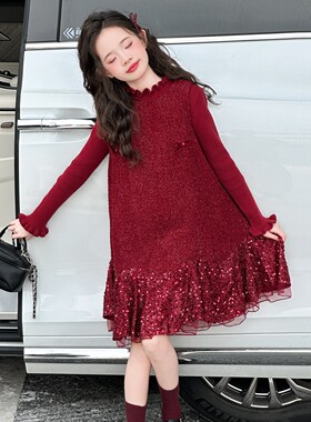 女童新年款连衣裙2025冬装中大童喜庆拜年服毛衣女学生时尚马甲裙