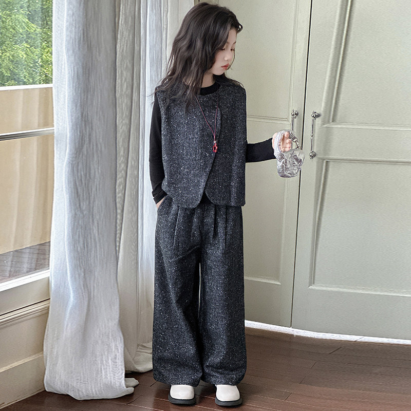 女童小香风马甲春装2026新款中大童时尚黑色打底长裤三件套女孩潮