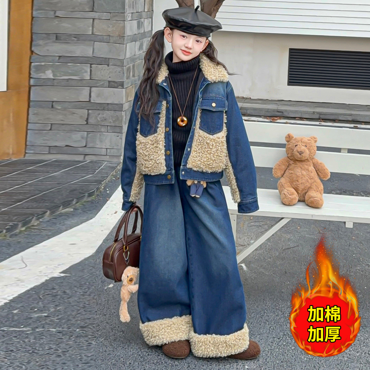女童冬季套装韩版中大童洋气加厚牛仔两件套2025时尚女孩爆款冬装