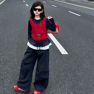 女童裤子秋季套装2025新款中大童时尚长袖T恤伞兵长裤爆款两件套