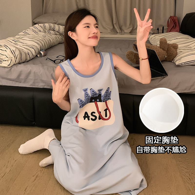 无袖睡裙女孩2025新款夏季背心纯棉带胸垫可爱学生睡衣爆款家居服