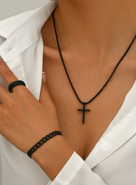 欧美男士饰品亚马逊SHEINtemu十字架饰品链条戒指手链项链三件套