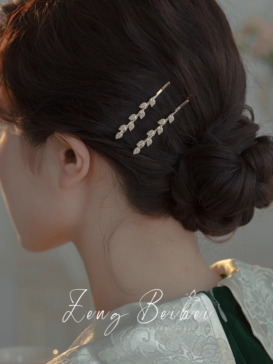 韩版甜美珍珠树叶一字夹