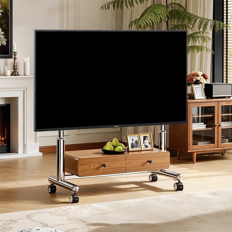 不锈钢电视机支架可移动落地带轮推车家用实木电视柜适用75英寸