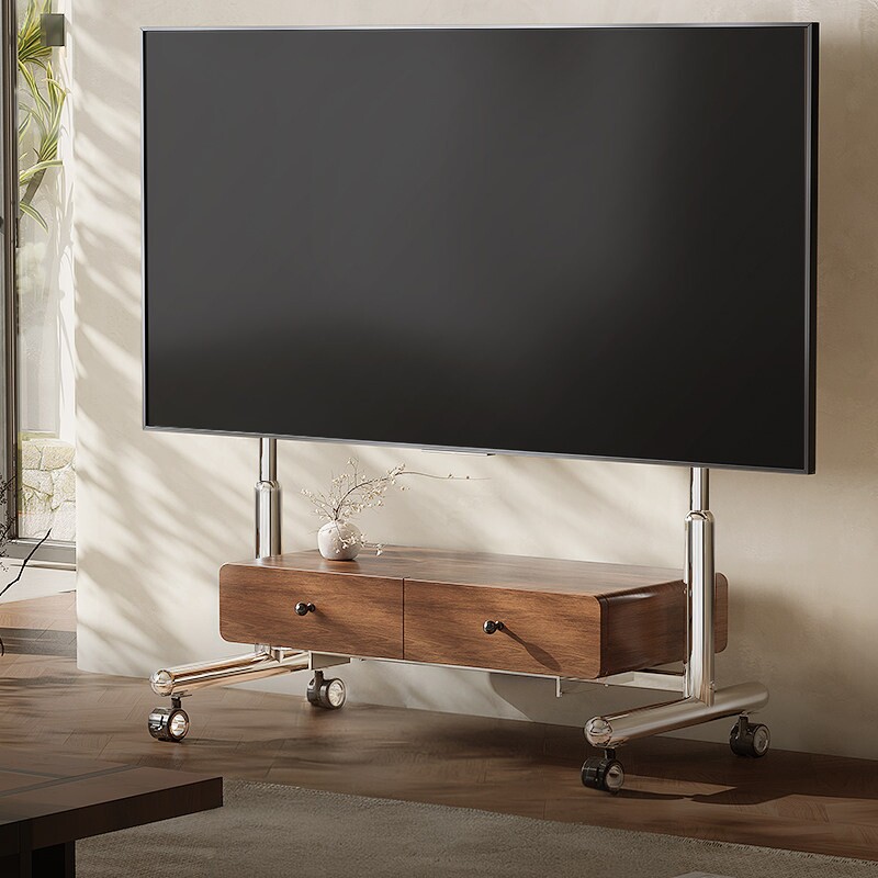 贝石电视机支架可移动不锈钢落地带轮推车实木电视柜适用50-85寸