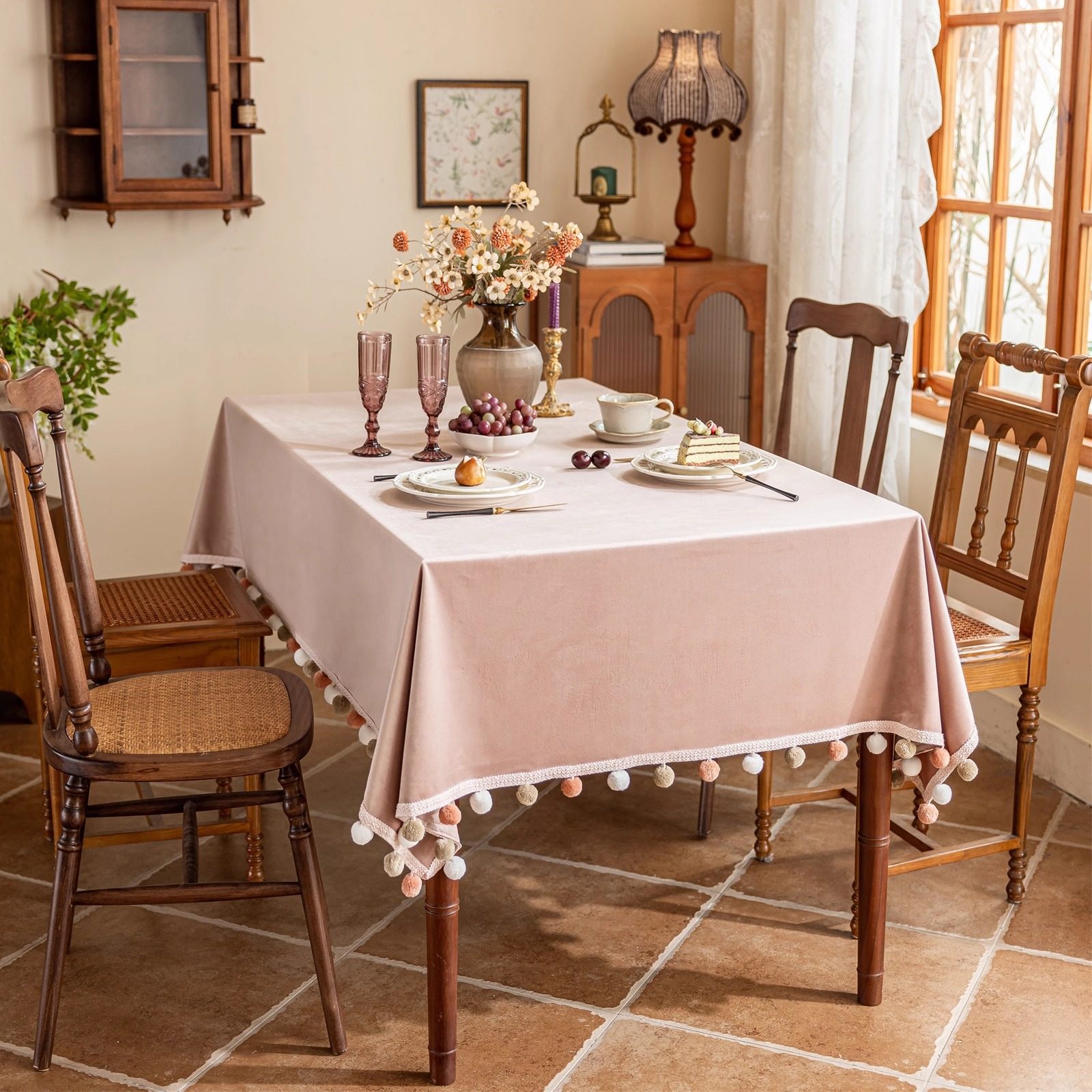 毛球边 粉色丝绒桌布甜品台茶歇台布户外婚礼装饰生日甜品台桌布