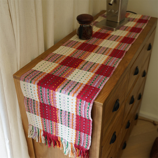 复古红白格编织流苏棉线长条桌旗圣诞茶艺餐垫桌垫派对拍照道具布