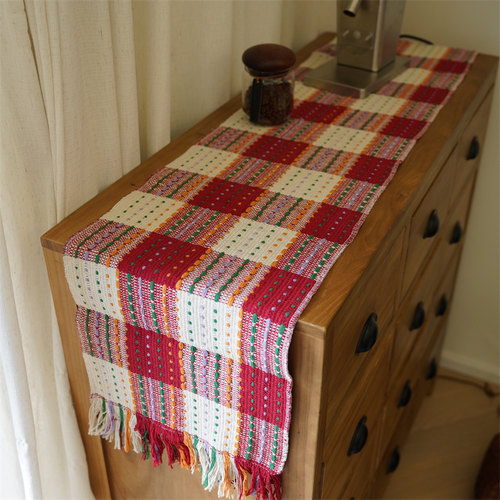 复古红白格编织流苏棉线长条桌旗圣诞茶艺餐垫桌垫派对拍照道具布