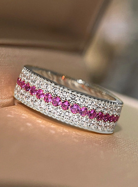 隆隆金珠宝新款S925银粉红佳人古法宽边点钻戒指豪镶满钻小红书款