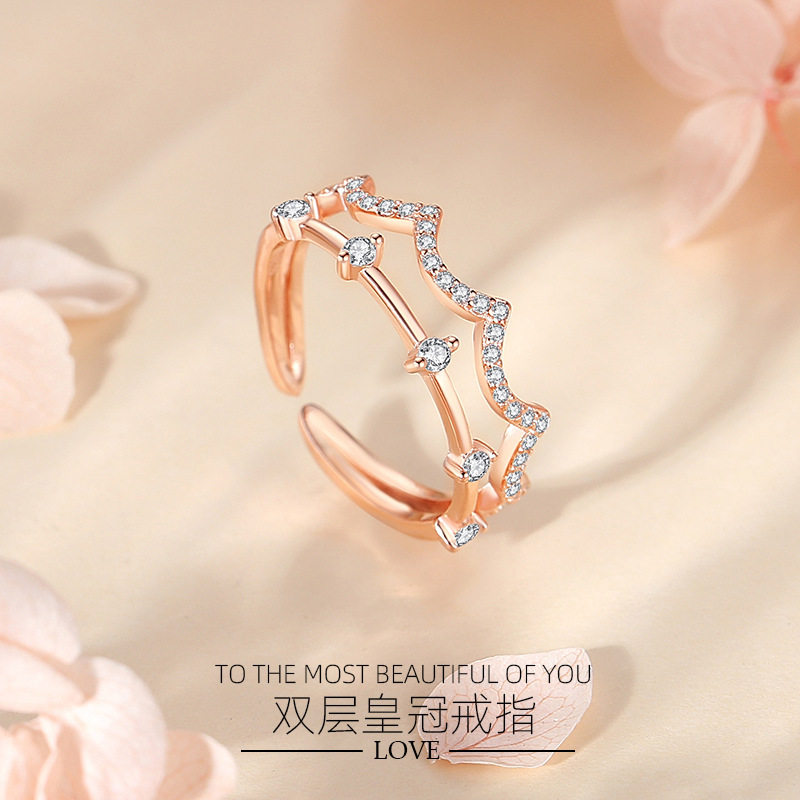 S925银双层皇冠女戒欧美跨境波浪戒指女满钻亚马逊活口镶锆石饰品,饰品/流行首饰/时尚饰品新,戒指/指环,淘宝优惠券,粉丝福利购,淘宝优惠卷