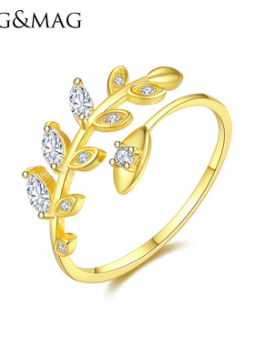PAG&MAG 开口戒指925银橄榄枝树叶女戒活口银锆石戒指ins指环首饰