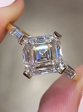 隆隆金珠宝S925银闪亮阿斯切切割8*8mm白钻女仿真白钻戒指女礼物