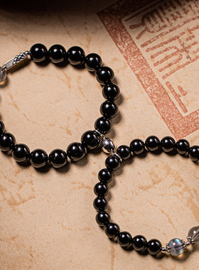 黑曜石情侣手链DIY款S925银山盟海誓一对男女相吸手串佛珠礼品