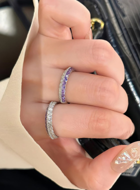 隆隆金珠宝欧美新款S925银紫白钻排钻戒指时尚通勤日常款戒指环