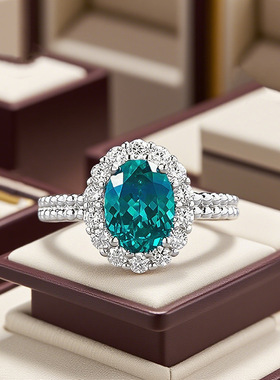 洛熙寺珠宝 新款S925银镶嵌1.5克拉帕拉伊巴色偏绿底戒指女日常款