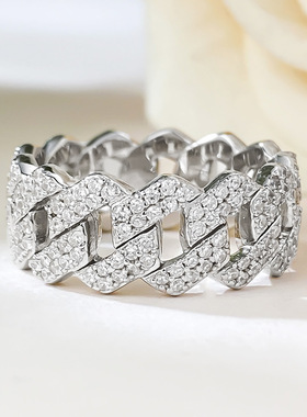 隆隆金微镶S925银环扣锆石戒指HIPHOP嘻哈风格个性潮流时尚银饰品