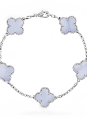 梵家高版本925银CNC四叶草满钻镭射五花手链天然贝母玉髓六花手饰