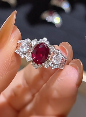 隆隆金新款S925银布布风6*8红钻款显白轻奢百搭款戒指跨境直播款