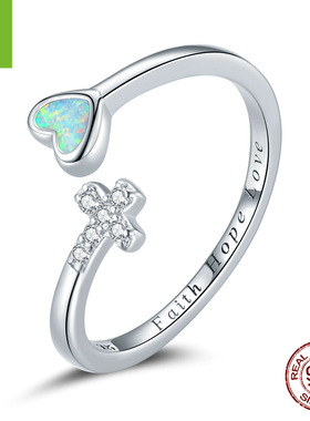 银姿韵原创澳宝爱心十字架开口戒指 欧泊s925纯银指环首饰BSR171