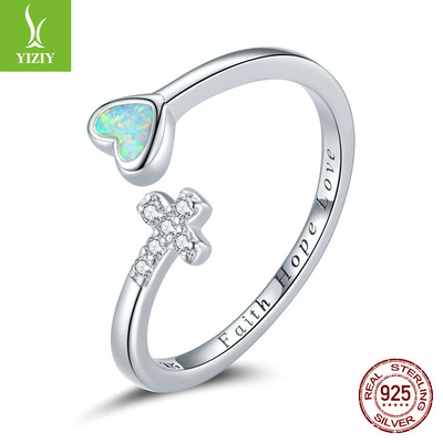 银姿韵原创澳宝爱心十字架开口戒指 欧泊s925纯银指环首饰BSR171